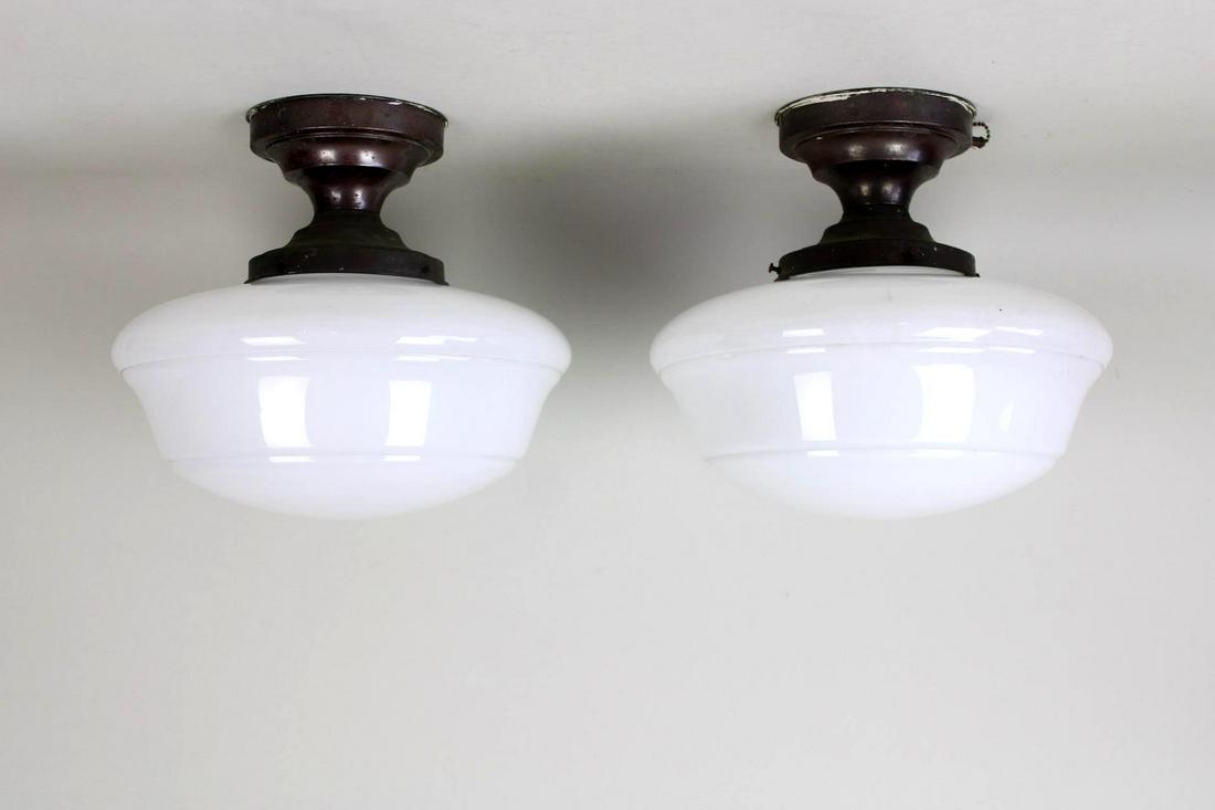 Pair of Schoolhouse Style Semi-Flush Milk Glass Ceiling Lights (1 of 11)
