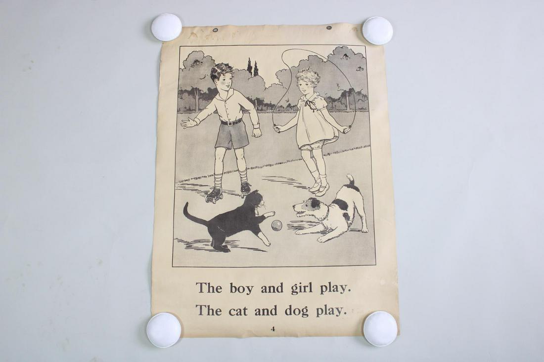 1934 Macmillan Work-Play Teaching Chart: Boy, Girl, Dog & Cat Playing, 1 of 8 (1 of 15)