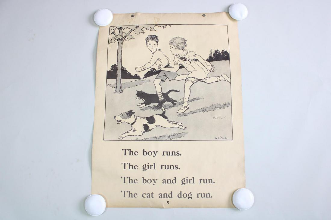 1934 Macmillan Work-Play Teaching Chart: Boy, Girl, Dog & Cat Running, 2 of 8 (1 of 15)