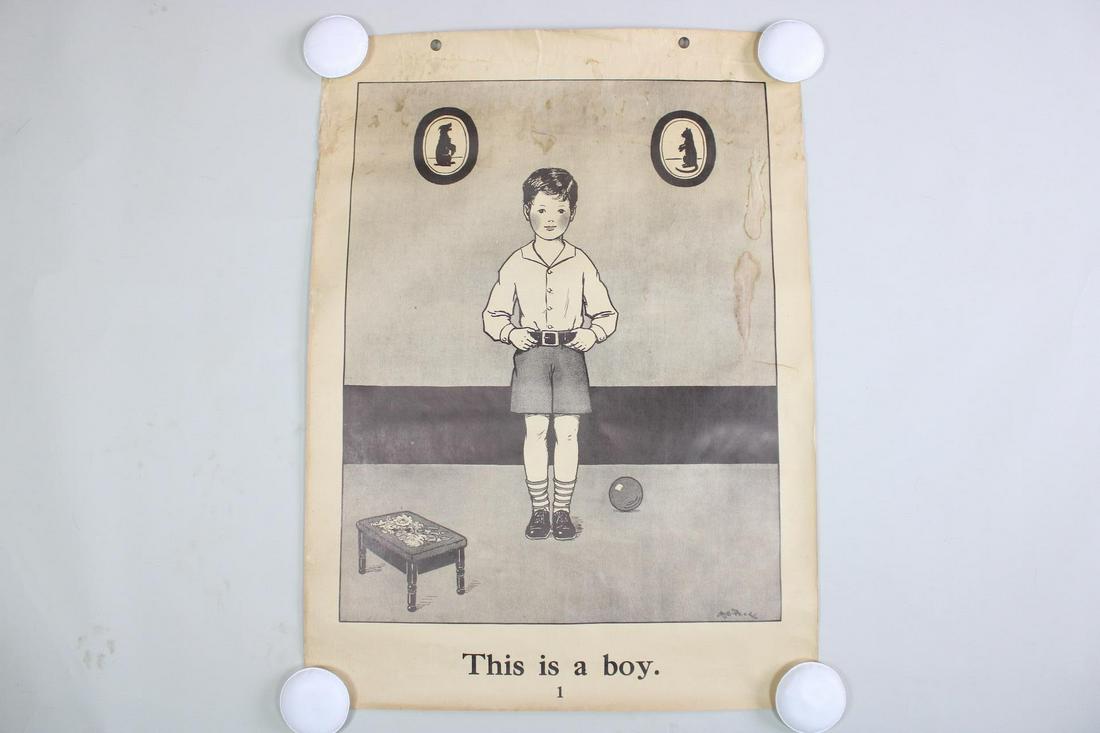 1934 Macmillan Work-Play Teaching Chart: Boy, 5 of 8: Large 1934 Macmillan Work-Play Teaching Chart, 5 of 8. Signed in plate by illustrator A. Gladys Peck, wonderful chart for teaching early reading features a boy with adorable silhouettes of a dog and c
