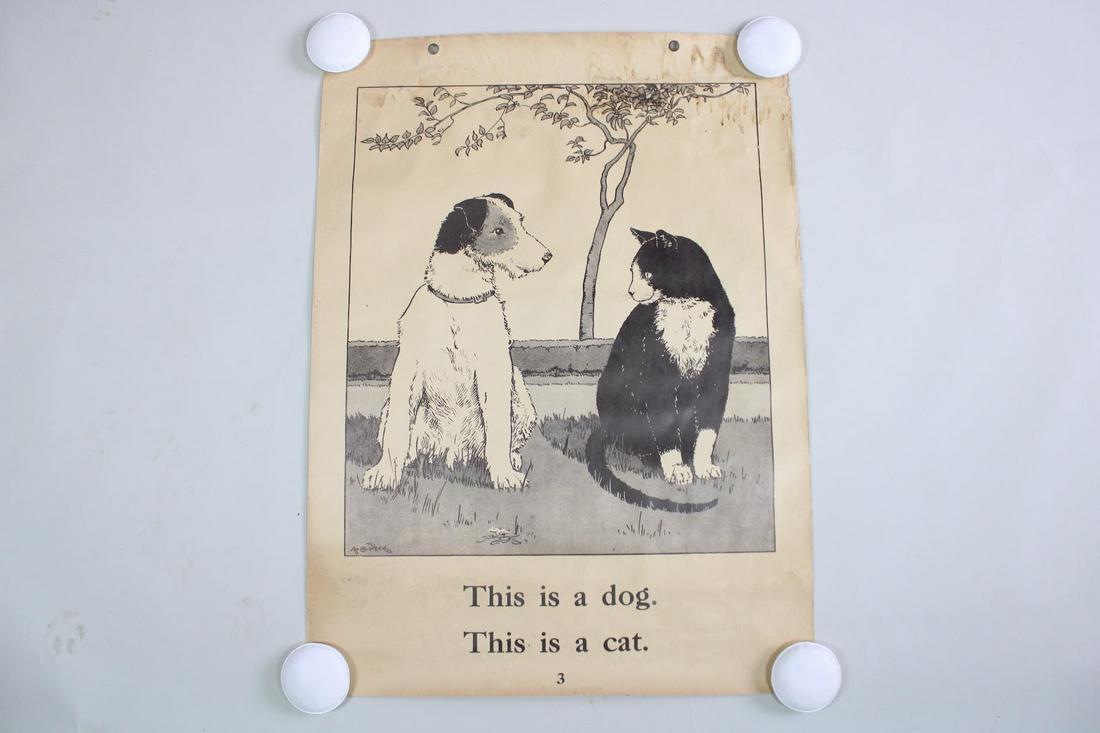 1934 Macmillan Work-Play Teaching Chart: 6 of 8: Large 1934 Macmillan Work-Play Teaching Chart, 6 of 8. Signed in plate by illustrator A. Gladys Peck, wonderful chart for teaching early reading features a boy with a dog and cat. Dimensions are 38 in