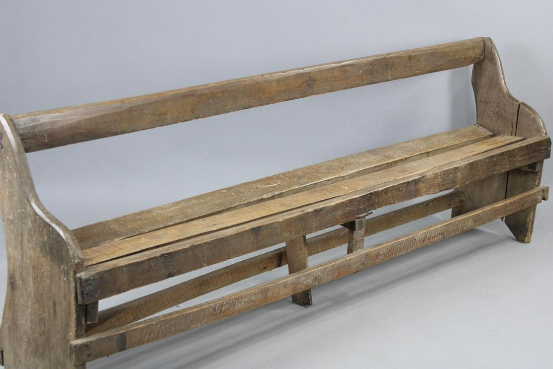 Primitive 8-foot long Wood Bench with Carved Names Graffiti on Back: Primitive 8-foot long Wood Bench with Carved Names Graffiti on Back. This primitive bench has 3 slatted seat and one slat back, there is one board under the middle that supports the middle. The back h