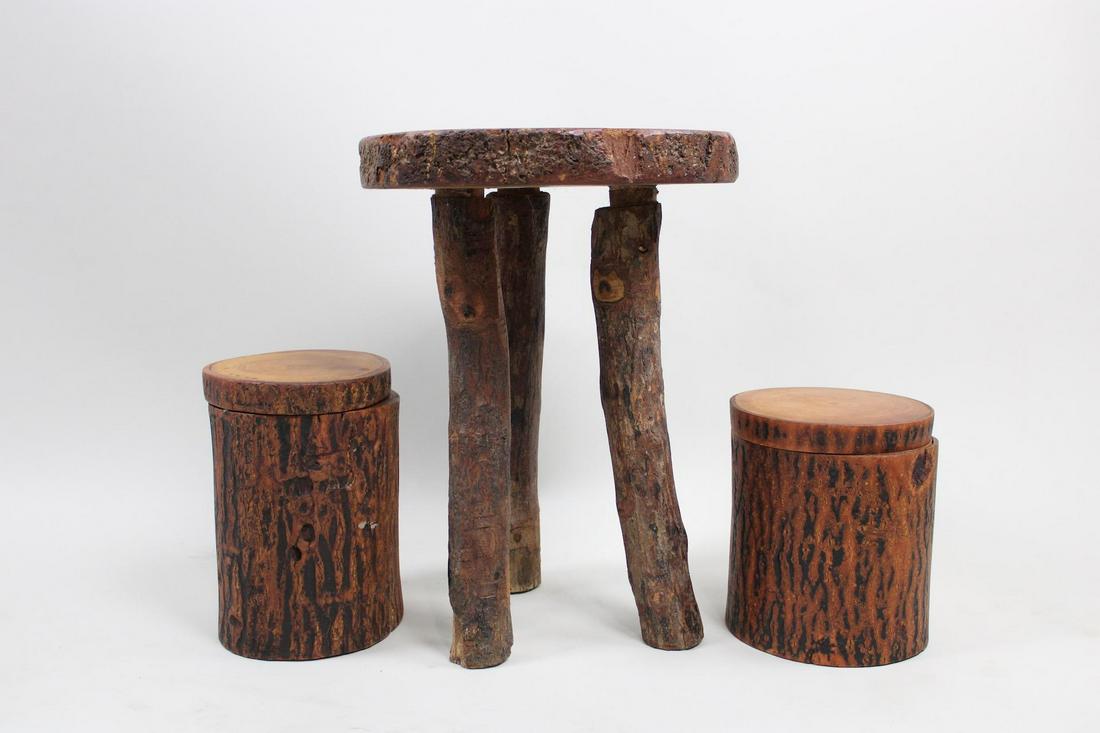Primitive Live Edge Stool & Pair of Turned Wood Jars, Mid Century Modern (1 of 7)