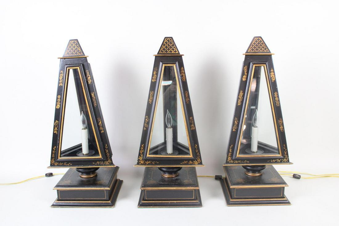 Set of 3 Black & Gold Toleware Obelisk Lamps (1 of 13)