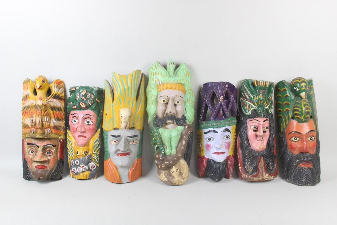Lot of 7 Colorful Mexican Folk Art Carved & Painted Wood Carnival Masks (1 of 14)