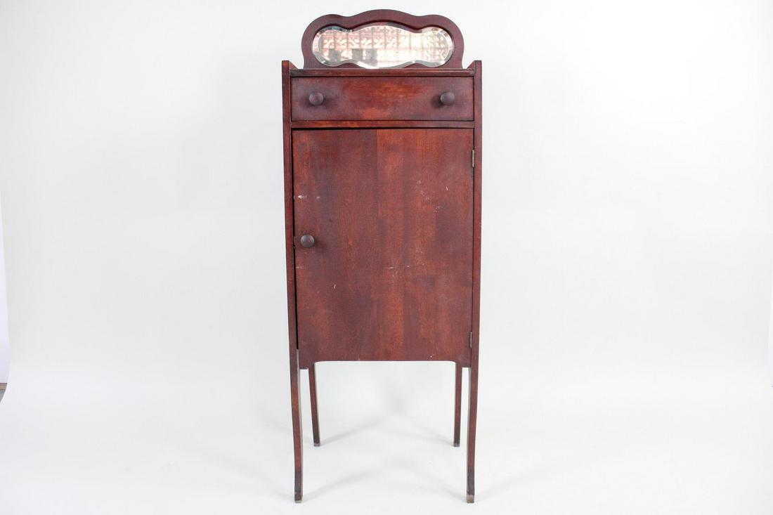Art Nouveau Music Cabinet with Mirror: Art Nouveau Music Cabinet with Mirror. Made to hold sheet music, attractive cabinet could be used to store a variety of items. Wonderful beveled mirror is attached to the top, and there is a single dr