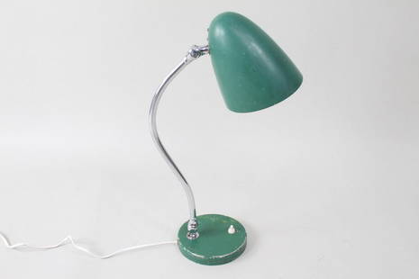 Mid Century Modern Green and Chrome Bauhaus Style Lamp: Mid Century Modern Green and Chrome Bauhaus Style Lamp. The lamp has an arc with a bullet shaped shade.Dimensions are 18.5 in h x 5.75 in w x 11 in d. Condition is good, minor paint loss scuffs. It ha