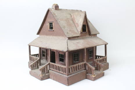 Folk Art Miniature Wooden House Model with Wrap Around Porch: Folk Art Miniature Wooden House Model with Wrap Around Porch. Miniature home could be a birdhouse, doll house or model. Handcrafted of wood, well detailed and painted brown, with great patina.Dimensio