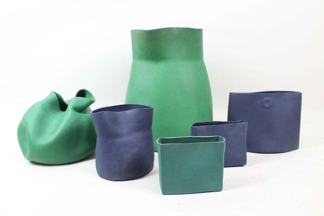 Set of 6 Postmodern Blue & Green Rubber Planters, Made in France (1 of 14)