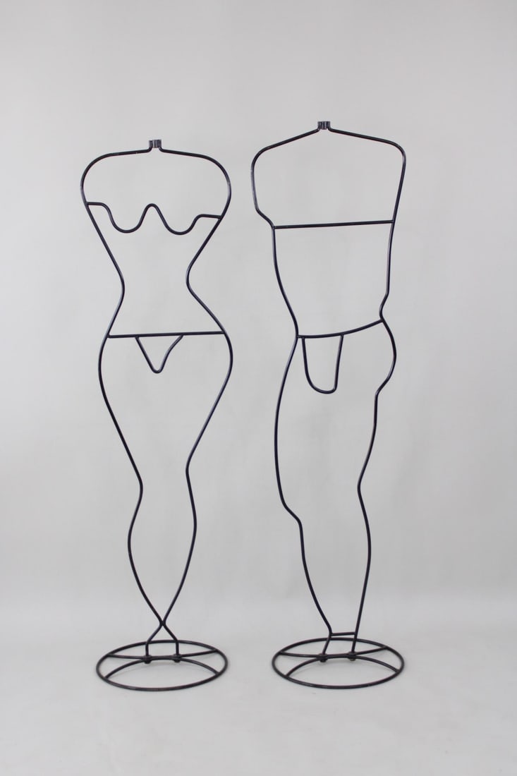 Pair of Wire Form Mannequins, Ikea His and Hers Valet Stands: Pair of Wire Form Mannequins, Ikea His and Hers Valet Stands. These are missing a top piece which would have extended to hold a hat. They are functionally fine. Believed to be from Ikea.Dimensions are