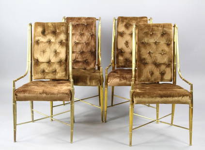 Set of 4 Hollywood Regency Brass Faux Bamboo & Brown Velvet Chairs, Mastercraft Style: Set of 4 Mid-Century Modern Brass Faux Bamboo & Brown Velvet Chairs, Mastercraft Style. Matching set of dining chairs have brass faux bamboo frames and brown velvet tufted cushions. In the style of Ma