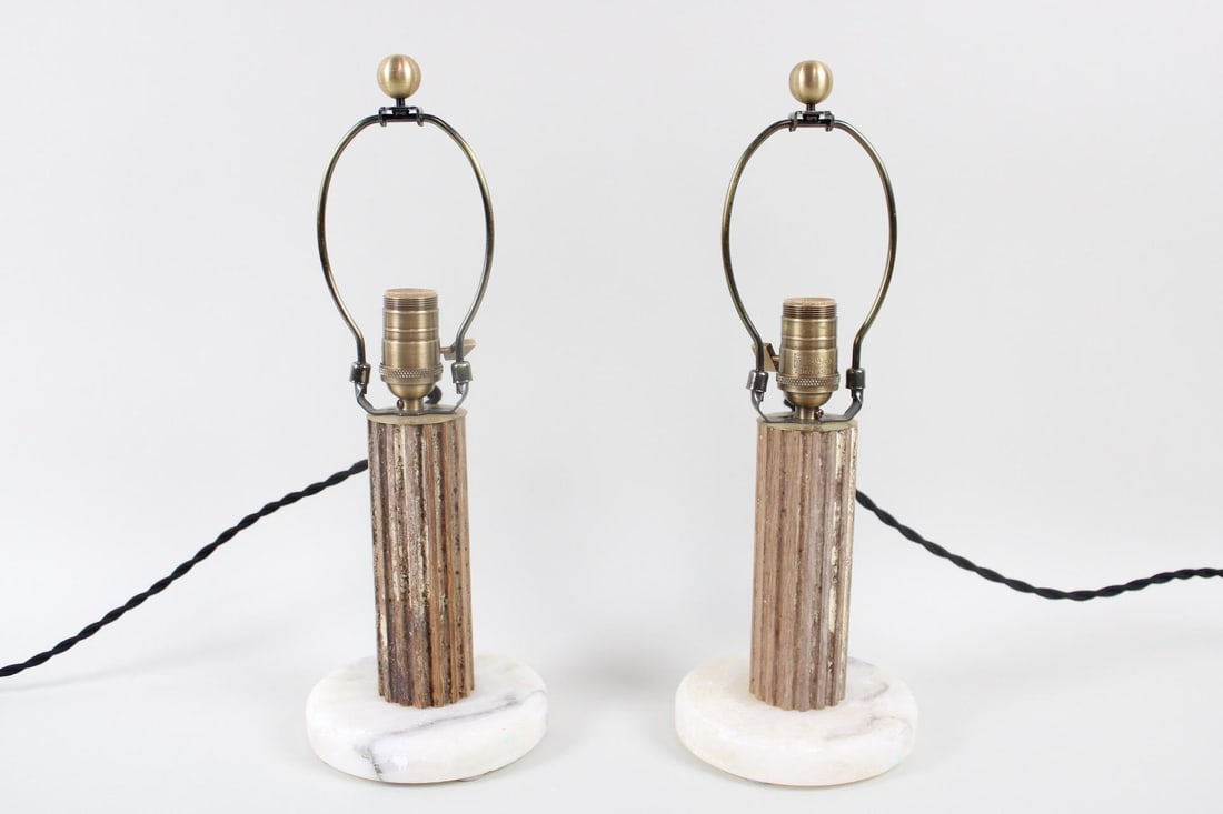 Pair Mid-Century Modern Wood & Marble Column Table Lamps (1 of 9)