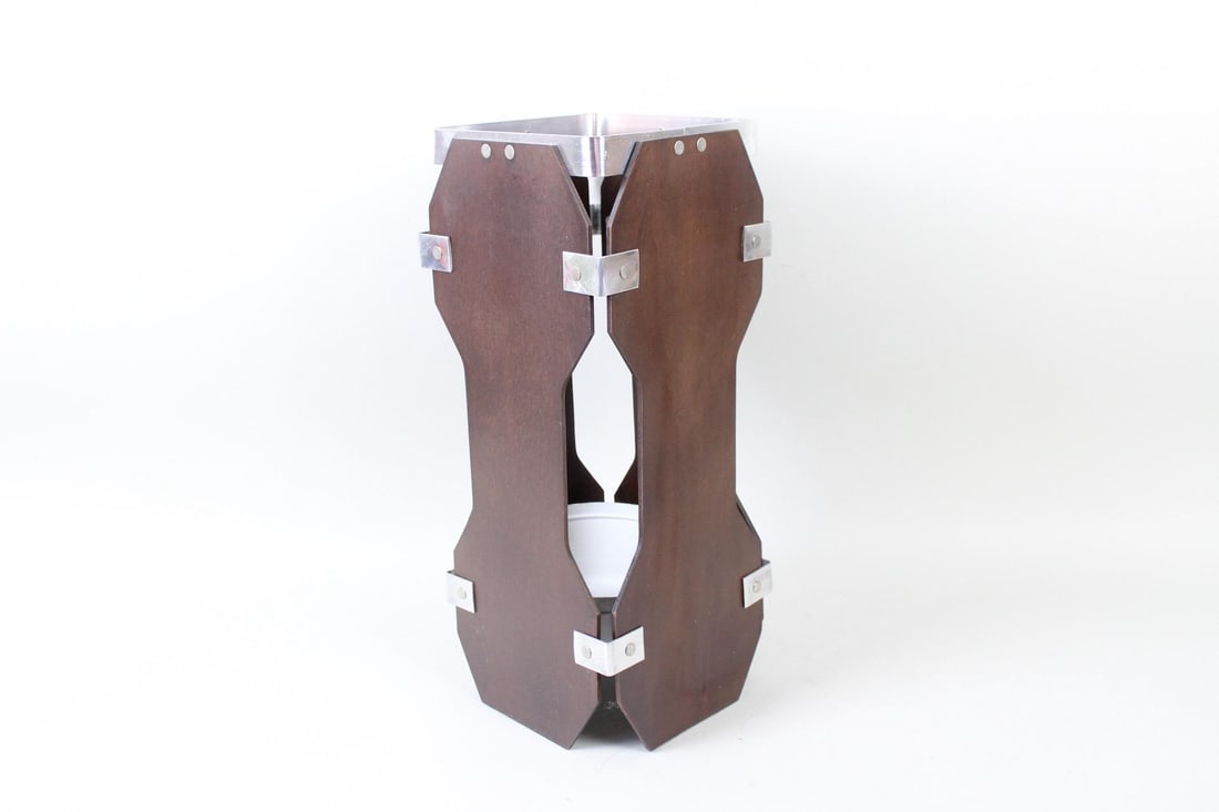 Mid-Century Modern Geometric Wood & Metal Umbrella Stand, Industrial: Mid-Century Modern Geometric Wood & Metal Umbrella Stand, Industrial. This uniquely shaped vessel has angular cut wooden sides joined by riveted metal braces on the inside and on the exterior. A shall