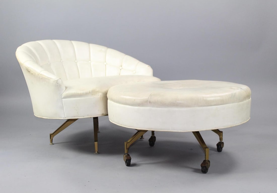 Mid-Century Modern White Naugahyde Barrel Lounge & Round Ottoman (1 of 14)