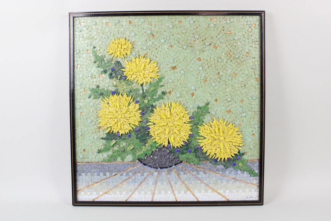 Genaro Alvarez Mid-Century Modern Sunflower Mosaic: Genaro Alvarez Mid-Century Modern Sunflower Mosaic. Vibrant and beautiful composition of sunflowers (perhaps inspired by Van Gogh) in a vase in mosaic on wood. Signed lower right and stamped on the ba