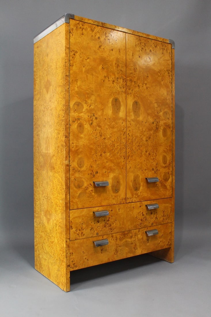 Mid-Century Modern Burl Wood & Chrome High Chest Wardrobe (1 of 12)