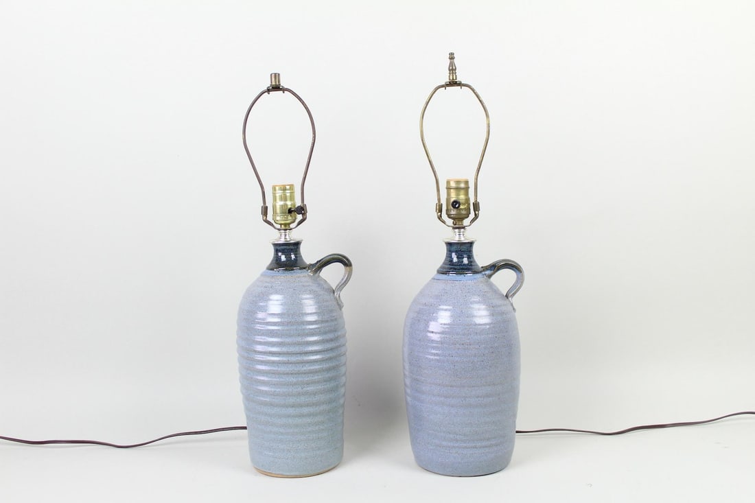 Pair of Mid-Century Modern Blue Stoneware Jug Lamps, Signed Merlin (1 of 12)