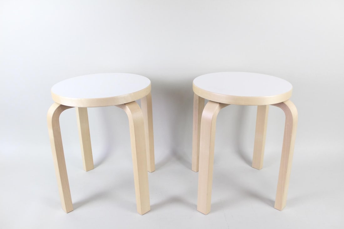Pair Alvar Aalto for Artek E60 Birch & White Laminate Stools (1 of 8)