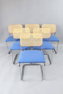 Set of 6 Knoll Blue Upholstered Cesca Chairs by Marcel Breuer: This lot comes from a business closing after only a year of being open, the items were all purchased new and are barely, if ever used. Set of 6 Knoll Upholstered Cesca Chairs by Marcel Breuer. A class