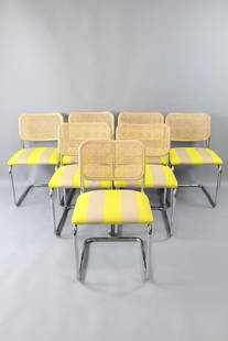 Set of 7 Knoll Striped Upholstered Cesca Chairs by Marcel Breuer: This lot comes from a business closing after only a year of being open, the items were all purchased new and are barely, if ever used. Set of 7 Knoll Upholstered Cesca Chairs by Marcel Breuer. A class