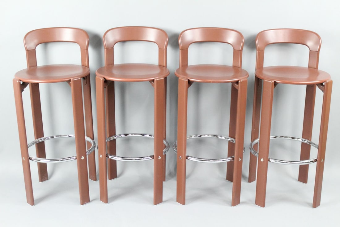 Set of 4 Brown Bruno Rey Bar Stools with Backs by Dietiker, 1 of 2 (1 of 9)