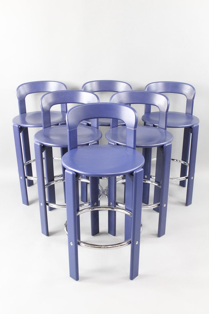 Set of 6 Blue Bruno Rey Bar Stools with Backs by Dietiker (1 of 11)