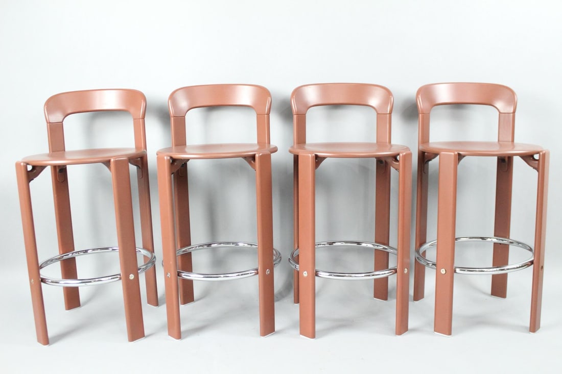 Set of 4 Bruno Rey Medium Brown Bar Stools with Backs by Dietiker: This lot comes from a business closing after only a year of being open, the items were all purchased new and are barely, if ever used. Set of 4 Bruno Rey Medium Brown Bar Stools with Backs by Dietiker