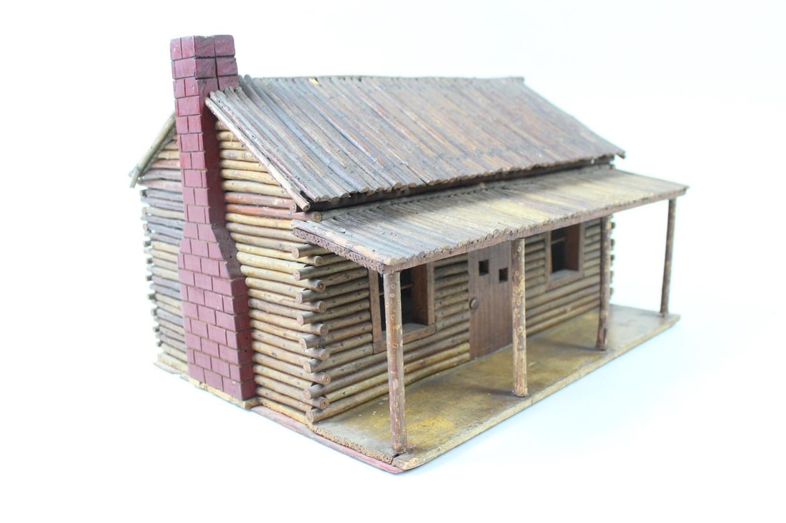 Log Cabin Architectural Miniature Model, Primitive Twig Folk Art: Small Log Cabin Architectural Model, Primitive Twig Folk Art Dollhouse. This miniature house model is complete with brick chimney, gabled roof, a front door with windows (no glass) and a knob (door do