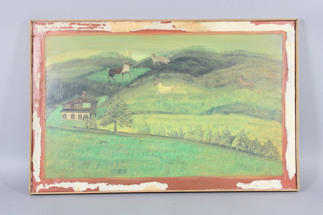 Bruno Del Favero Outsider Art Painting of Primitive Animals in the Mountains: Bruno Del Favero Outsider Art Painting of Primitive Animals in the Mountains. Fantastic painting on canvas by outsider artist Bruno Del Favero (Italian-American 1910-1995). Oversized animals frolic th
