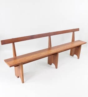 Shaker Style Long Wooden Bench, Minimalist, 1 of 2: Shaker Style Long Wooden Bench, Minimalist, 1 of 2. This bench has a simple and primitive construction, with backrest bar and arches at the bottom of the plane legs. This is the first of two lots in t