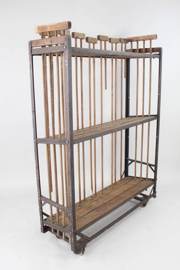 Industrial Angle Iron & Wood Shoe Rack Factory Cart Auction