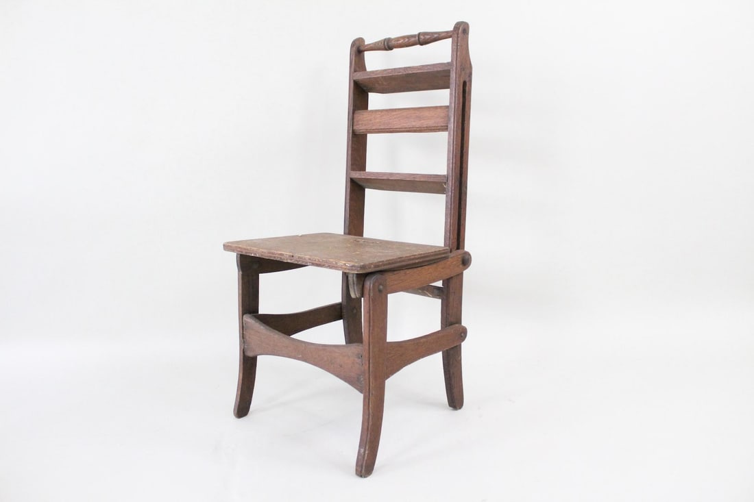 Convertible Wood Library Chair Step Stool, Onondaga Novelty Co. Syracuse: Convertible Wood Library Chair Step Stool, by Onondaga Novelty Co. in Syracuse, NY. This unique metamorphic design functions as both a ladder back chair with spindle detail, and then folds into a shor