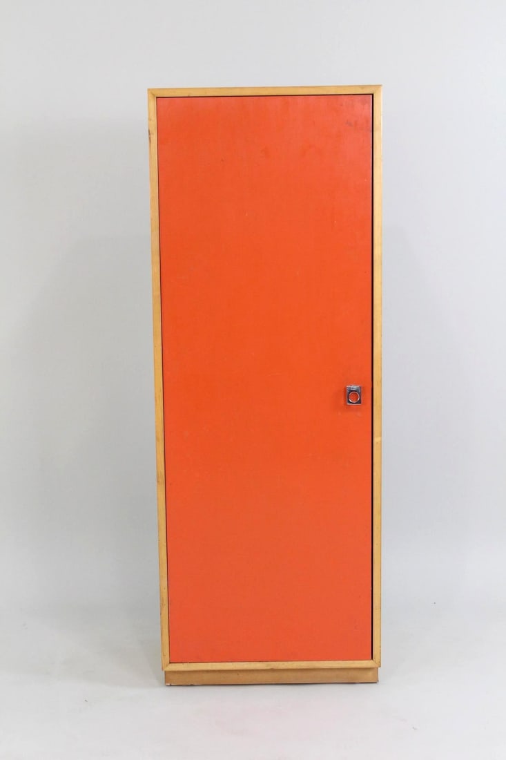 Mid-Century Modern Jack Cartwright for Founders Cabinet, Orange Pop Art: Mid-Century Modern Jack Cartwright for Founders Cabinet, Orange Pop Art. This standing pantry or storage closet has minimalist shelves behind an orange door. Dimensions are 54.75 in h x 20 in w x 15.5