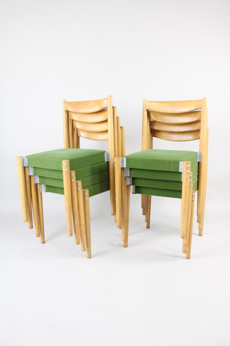 Set of 8 Beechwood Dining Chairs, Aluminum & Green Upholstery, Miroslav Navratil for Bukoza (1 of 15)