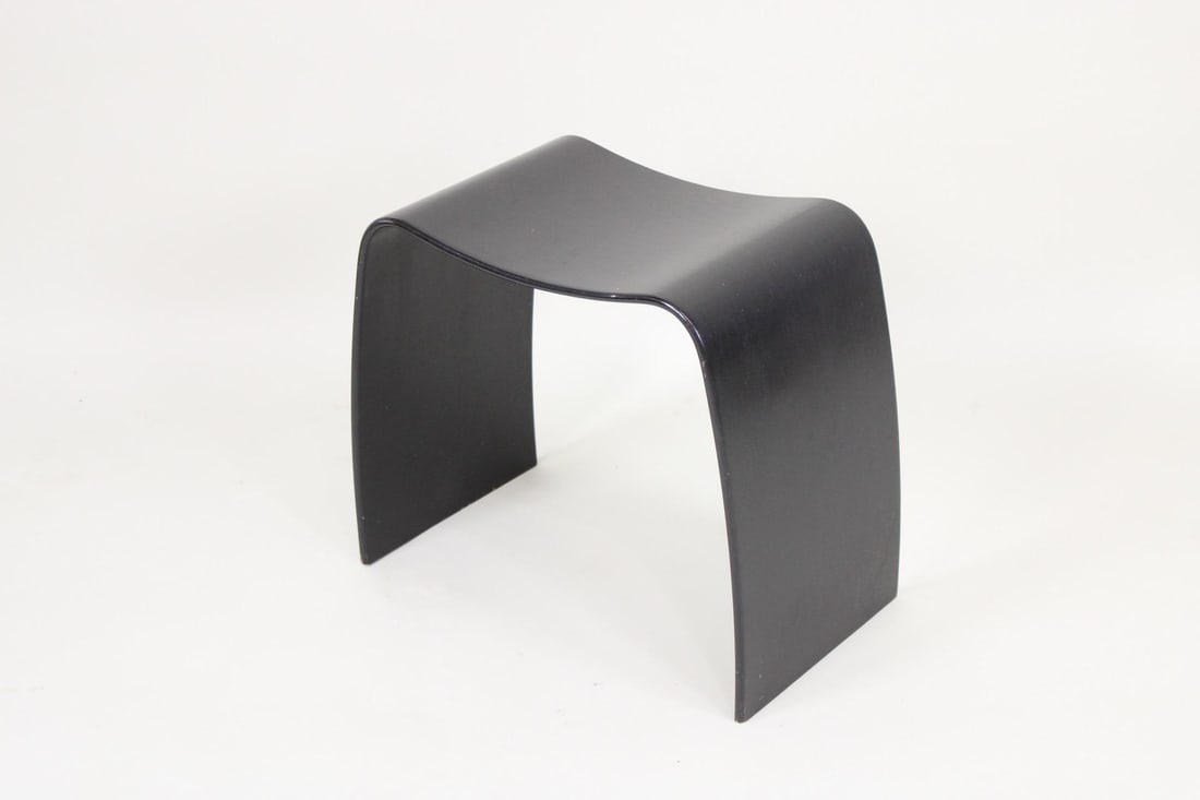 Danish Mid-Century Modern Jorgen Moller for Askman Bentwood Stool: Jorgen Moller for Askman Bentwood Stool. This is a handsome black bentwood stool. It was designed by Jorgen Moller for Askman. There is a tag underneath. It has a minimalist design of a single sheet o