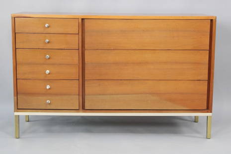 Mid-Century Modern Credenza Dresser 9 Drawer, John Stuart: Mid-Century Modern Dresser 9 Drawer, John Stuart. Atomic metal knobs with legs in a brass tone and unlined drawers, 6 shallow and 3 deep. No maker's mark, we believe this to be by John Stuart. There