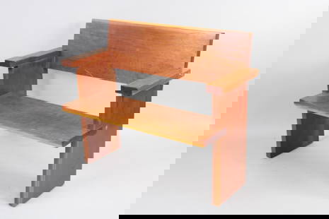 Bauhaus Wooden Bench 1977, Manner of Gerrit Rietveld: Bauhaus Wooden Bench in the Manner of Gerrit Rietveld, Jim Nickel 1977. Wooden bench with plank seat, back and arms, and stamped "Jim Nickel 1977" under the seat. Dimensions are 32 in h x 39.75 in w x
