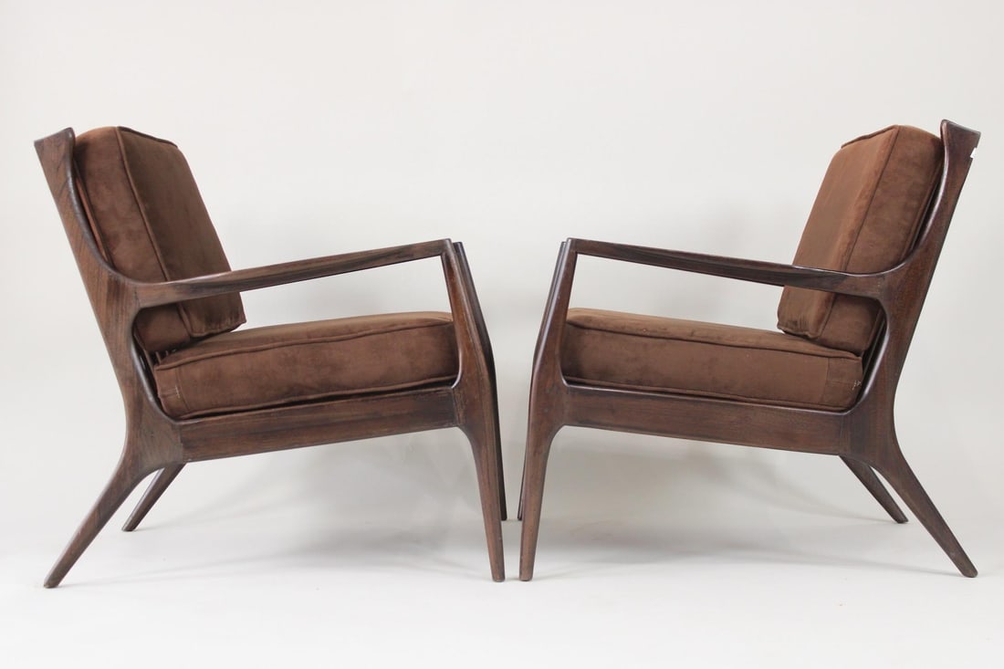 Pair of Mid-Century Danish Modern Lounge Chairs, Wood & Velvet (1 of 12)