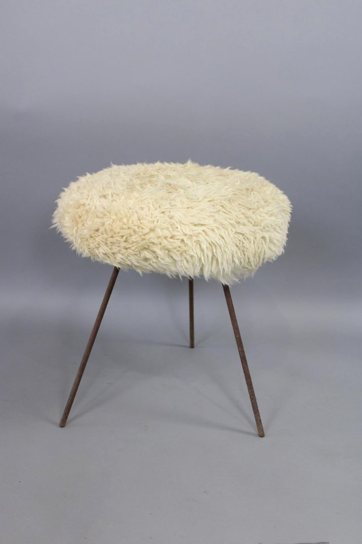 Mid-Century Modern Scandinavian Sheepskin Metal Stool (1 of 5)