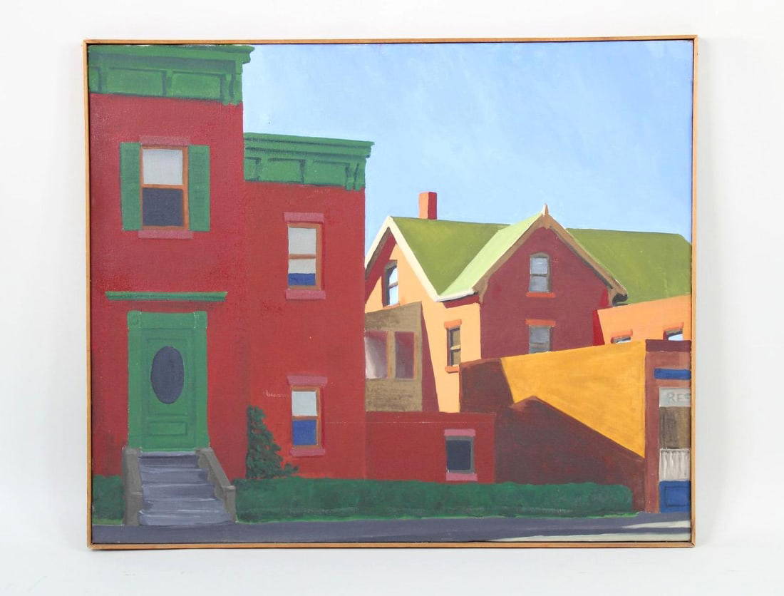 Framed Suburban Streetscape Painting, Manner Of Edward Hopper Auction