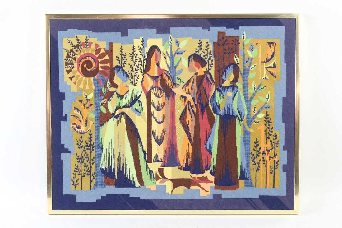 Framed "Les Four Seasons" Needlepoint, Abstract Global Village Coffeehouse Style (1 of 9)