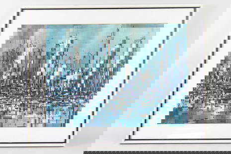 Framed & Signed Viktor Schreckengost Cubist City Print, Abstract Brutalist: Framed & Signed Viktor Schreckengost Cubist City Print, Abstract Brutalist. Intersecting lines and rectangles in shades of blue & green create a city skyline. Signed bottom-right by industrial designe