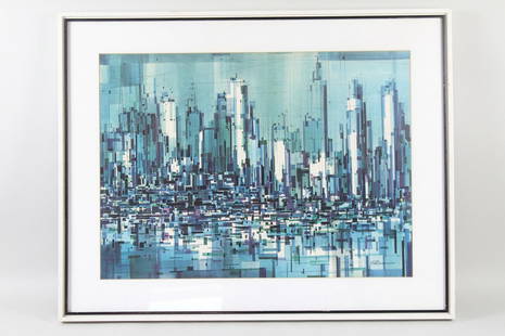 Framed & Signed Viktor Schreckengost Cubist City Print, Abstract Brutalist: Framed & Signed Viktor Schreckengost Cubist City Print, Abstract Brutalist. Intersecting lines and rectangles in shades of blue & green create a city skyline. Signed bottom-right by industrial designe