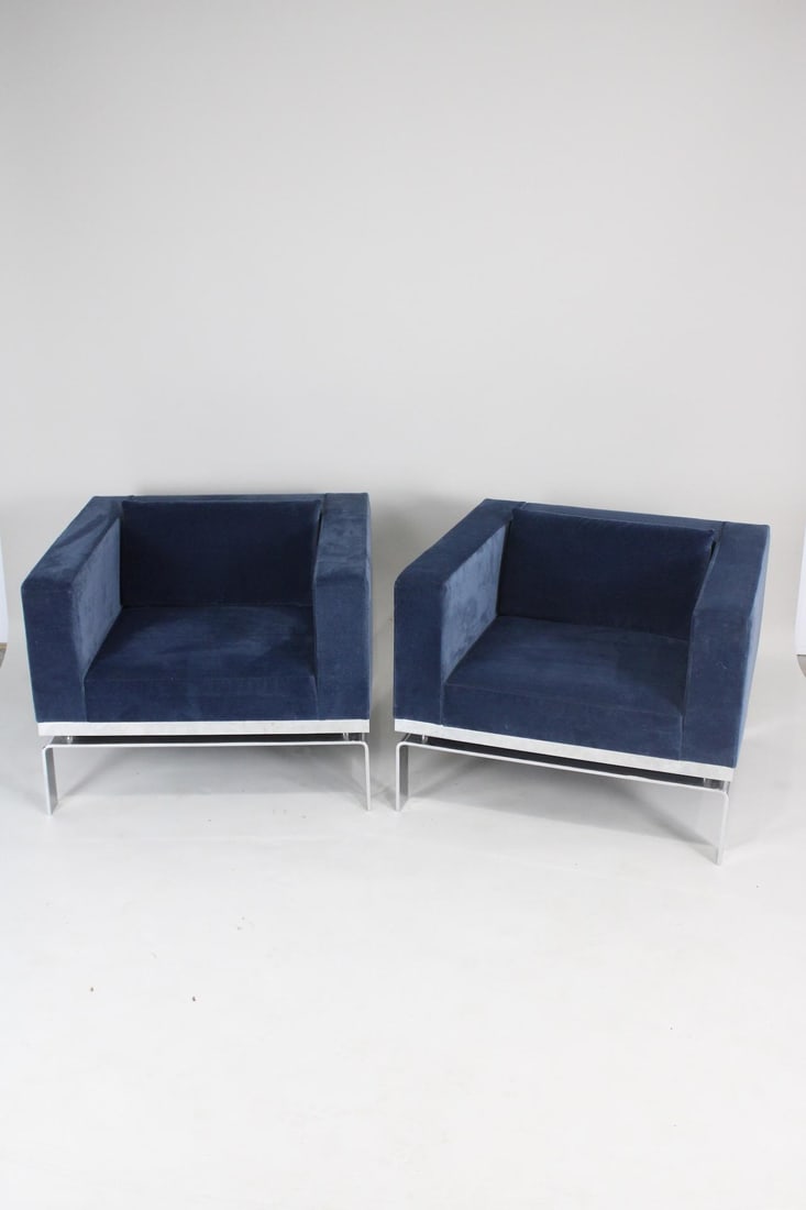 Pair of Blue Velvet & Chrome Cube Club Chairs, Milo Baughman (1 of 10)
