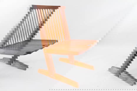 Studio Made George Nakashima Style Chair: Studio Made George Nakashima Style Chair. Wooden chair with an angular minimalist design of long feet and a split curved seat, spindle back. No makers mark, the chair is in the style of a chair by Geo