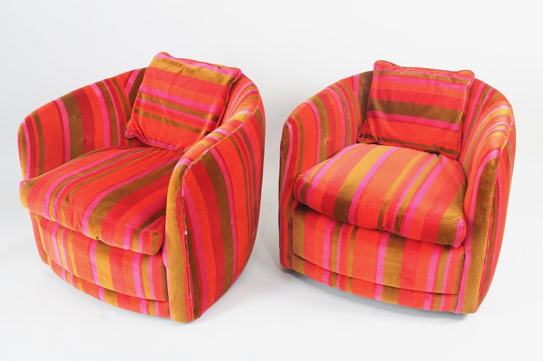 Pair of Milo Baughman Tub Chairs in Striped Alexander Girard Fabric (1 of 16)