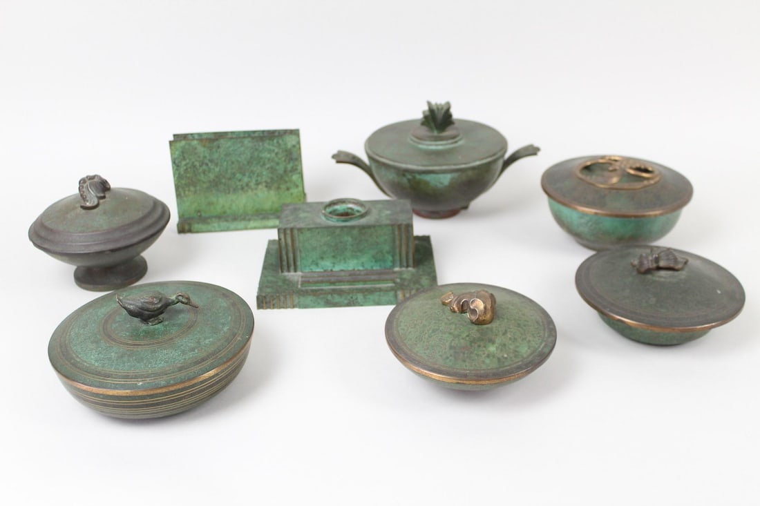Lot of 8 Carl Sorensen Art Deco Bronze, Covered Bowls, Inkwell & Napkin Holder (1 of 14)