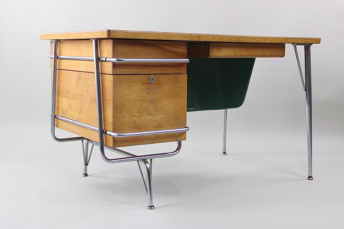 Heywood Wakefield Trimline Desk by Kem Weber, Mid-Century Modern Turquoise 1 of 2: Heywood Wakefield Trimline Desk by Kem Weber, Mid-Century Turquoise Modern 1 of 2. Deep, functional wood drawers (likely birch) that appear to float within the exposed chrome metal frame. Distinctive