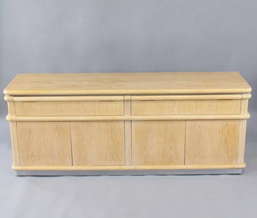 Postmodern Jay Spectre Cerused Oak Credenza for Century: Postmodern Jay Spectre Cerused Oak Credenza for Century. This long wooden service buffet has 2 pull-out drawers on top, including one with utensil storage and protection, and beneath are 2 storage spa