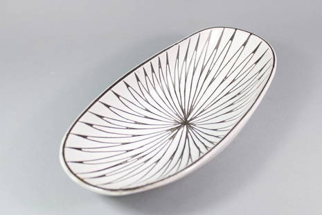 Mari Simmulson for Upsala Ekeby Ceramic Dish, Mid-Century Modern: Mari Simmulson for Upsala Ekeby Ceramic Dish, Mid-Century Modern. Great black and white striped design. Marked on the underside. Dimensions are 2.25 in h x 11 in w x 5.5 in d. Condition is excellent.